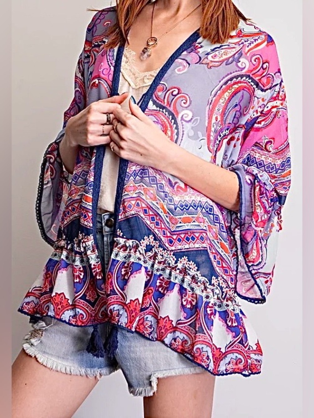 Easel Ring My Bell Paisley Kimono Cardigan Boho Tassel Tie Bell Sleeve Size S